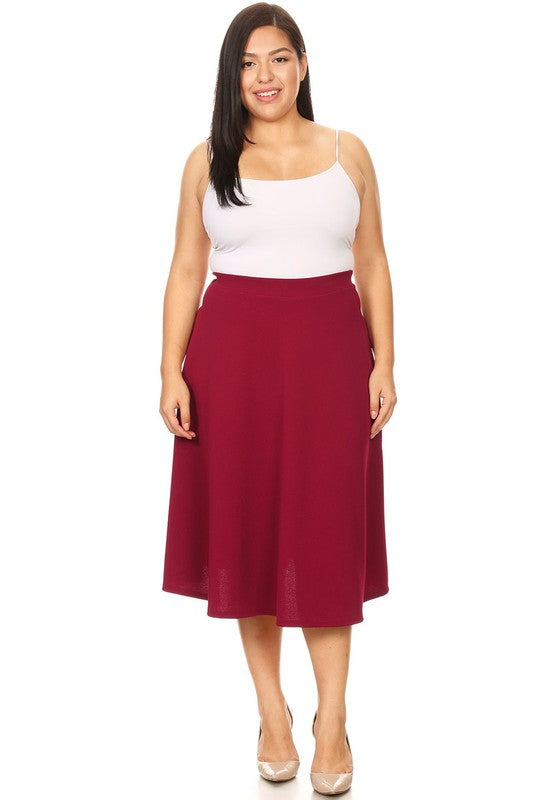 Solid high waisted, A-line, midi skirt Burgundy