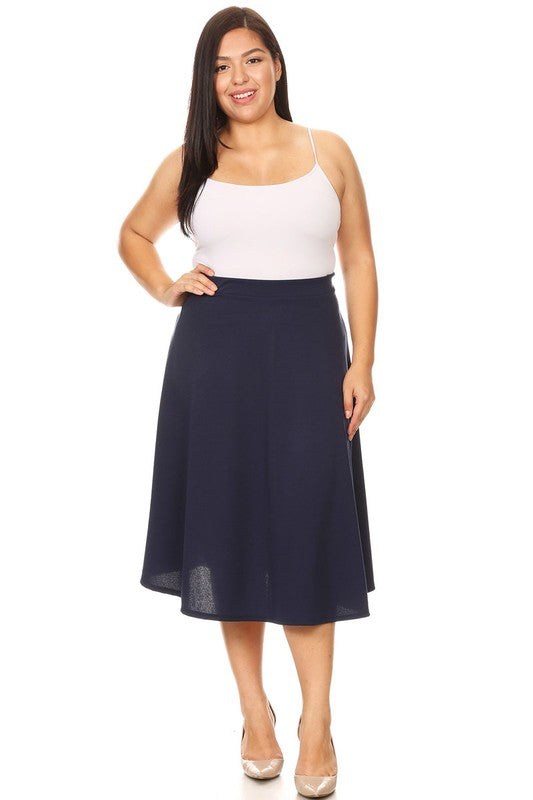 Solid high waisted, A-line, midi skirt Navy