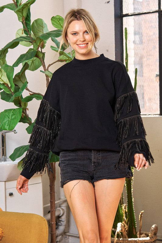 Silver studded fringe sleeve top JJT5009 BLACK