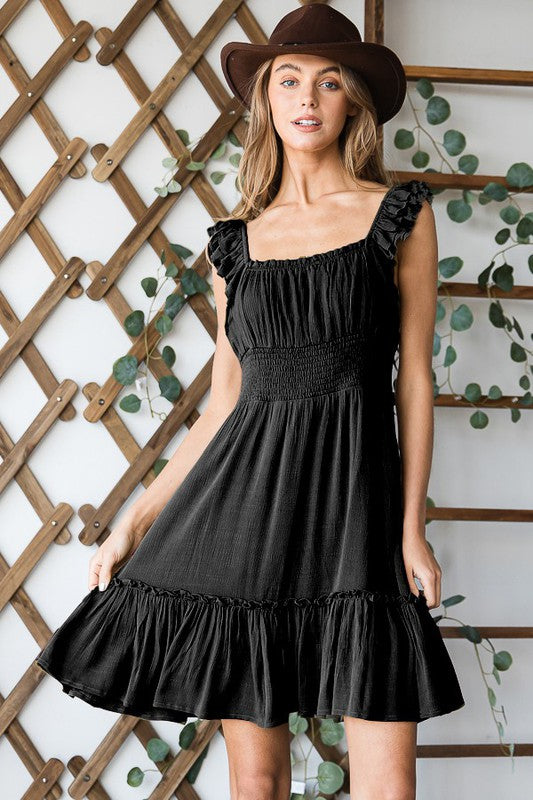 Ruched waist ruffled sleeveless dress BLACK