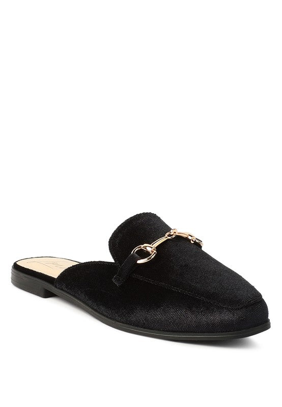 BEGONIA BUCKLED FAUX LEATHER CROC MULES Black Velvet