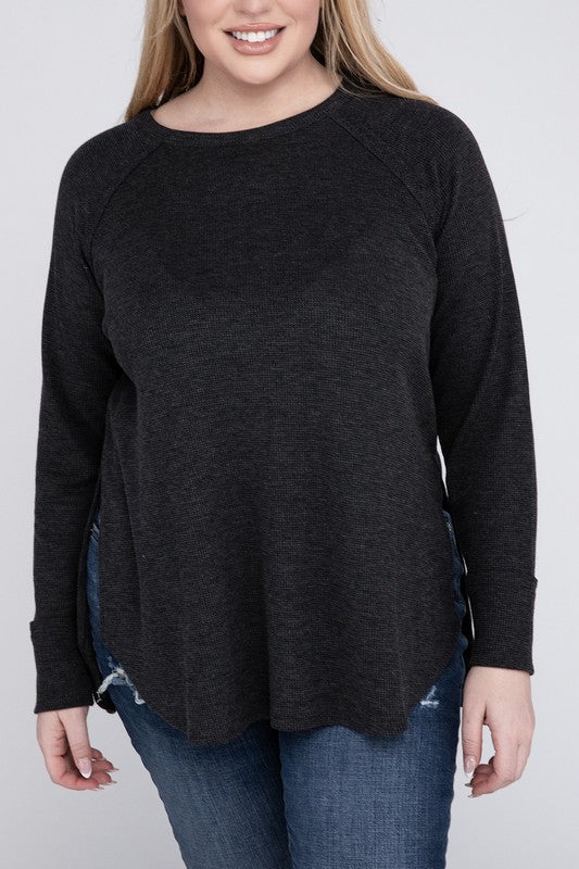 Plus Melange Baby Waffle Long Sleeve Top BLACK