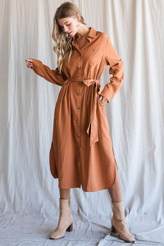 Button down shirt long dress PLUS 30-545P MOCHA