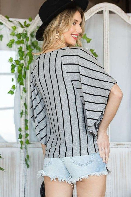 STRIPE PRINT TIE HEM ROUND NECK CAPE SLEEVE TOP