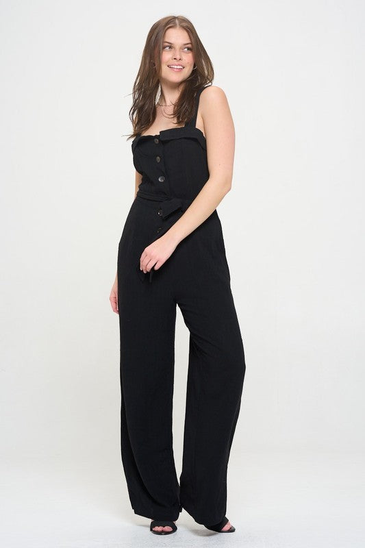 SLEEVELESS ADJUSTABLE STRAP BUTTON DOWN JUMPSUIT BLACK