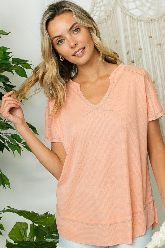 PLUS SOLID WAFFLE V NECK TOP Peach