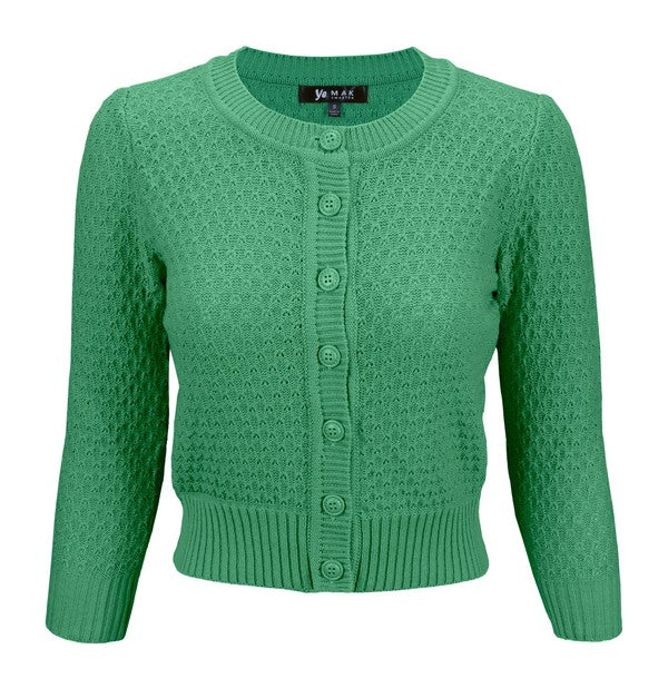 Cute Pattern Cropped Cardigan Sweater 3/4 Sleeve Kelly Green