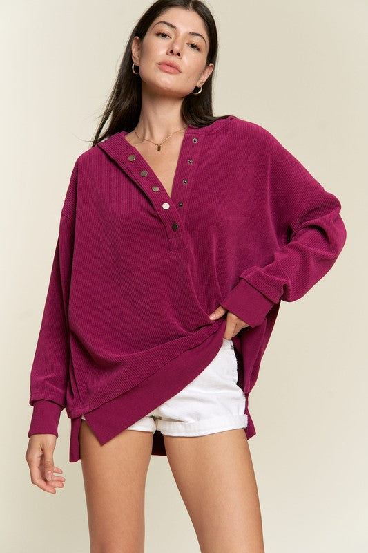 PLUS Long Slv Buton Down Ribbed Hooded Sweatshirt MAGENTA