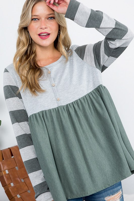 PLUS STRIPE SOLID MIX BABYDOLL TOP Olive