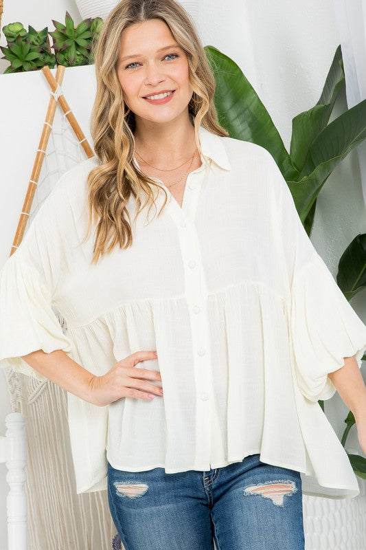 PLUS SOLID BUTTON DOWN BLOUSE Ivory