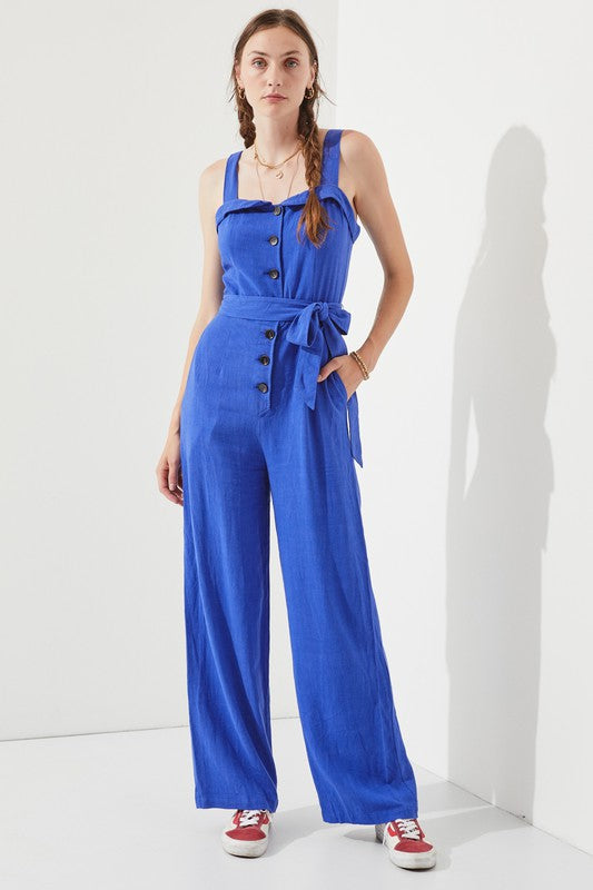 SLEEVELESS ADJUSTABLE STRAP BUTTON DOWN JUMPSUIT ROYAL BLUE