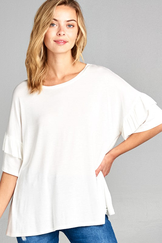 PLUS SOLID RUFFLE SLEEVE CASUAL TOP Ivory