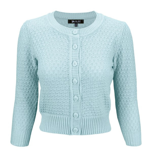Cute Pattern Cropped Cardigan Sweater 3/4 Sleeve L.Blue