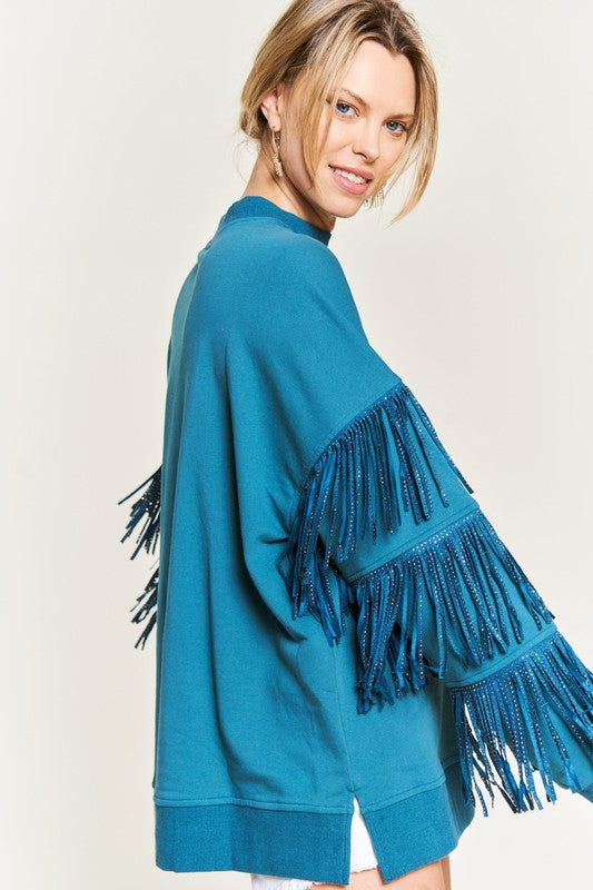 Silver studded fringe sleeve top JJT5009 TEAL