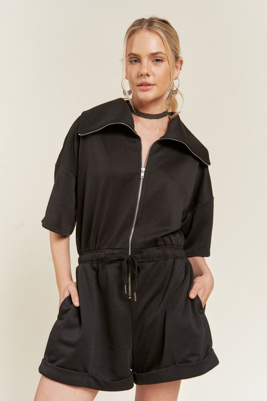 TERRY ZIP FRONT ROMPER BLACK