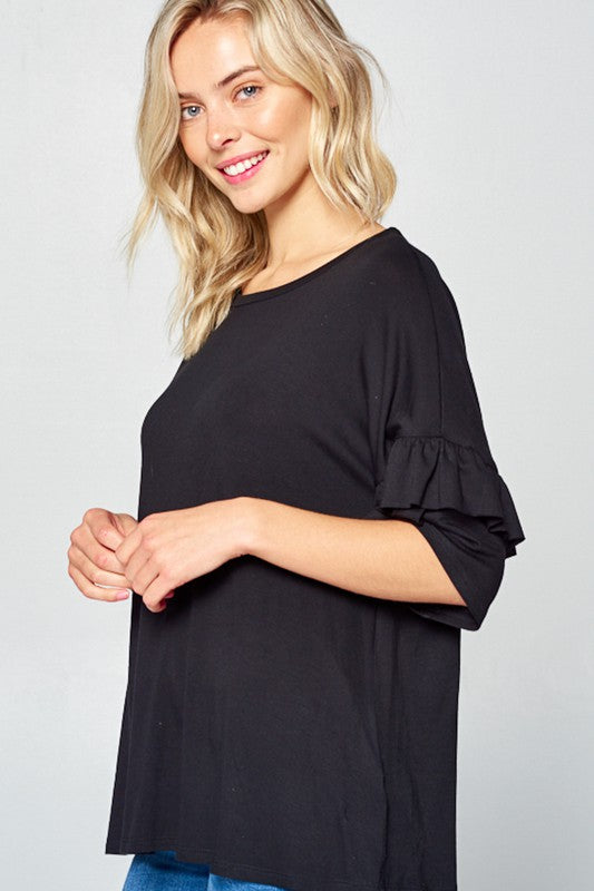 PLUS SOLID RUFFLE SLEEVE CASUAL TOP