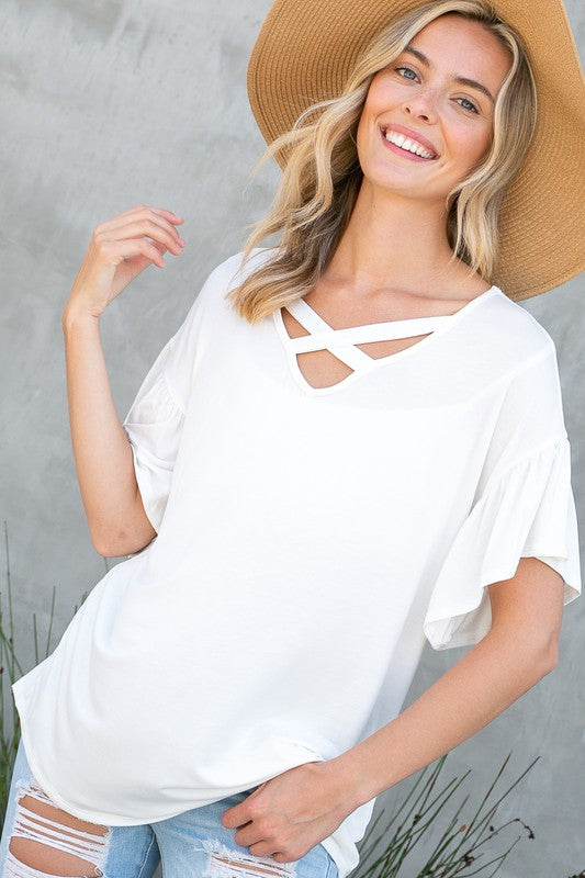PLUS SOLID LACE UP SHORT SLEEVE TOP Ivory