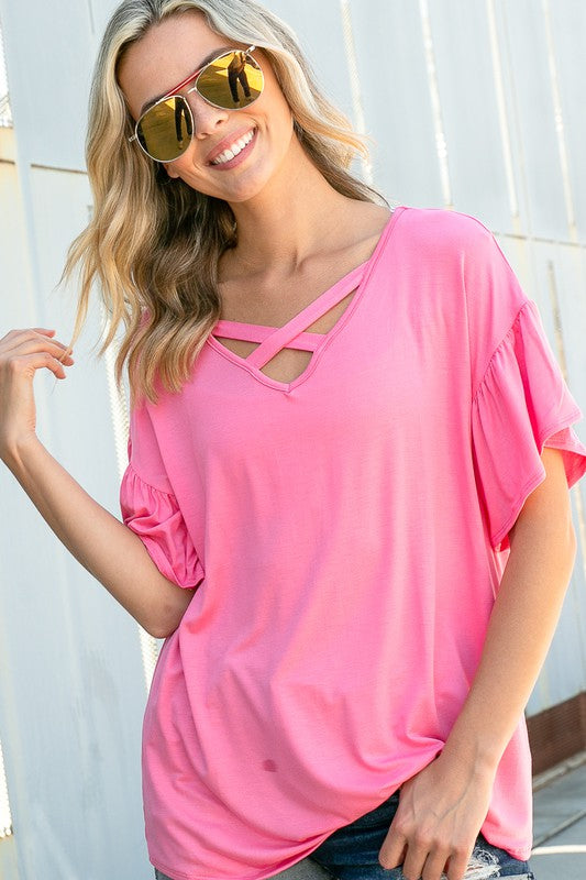 PLUS SOLID LACE UP SHORT SLEEVE TOP Candy Pink